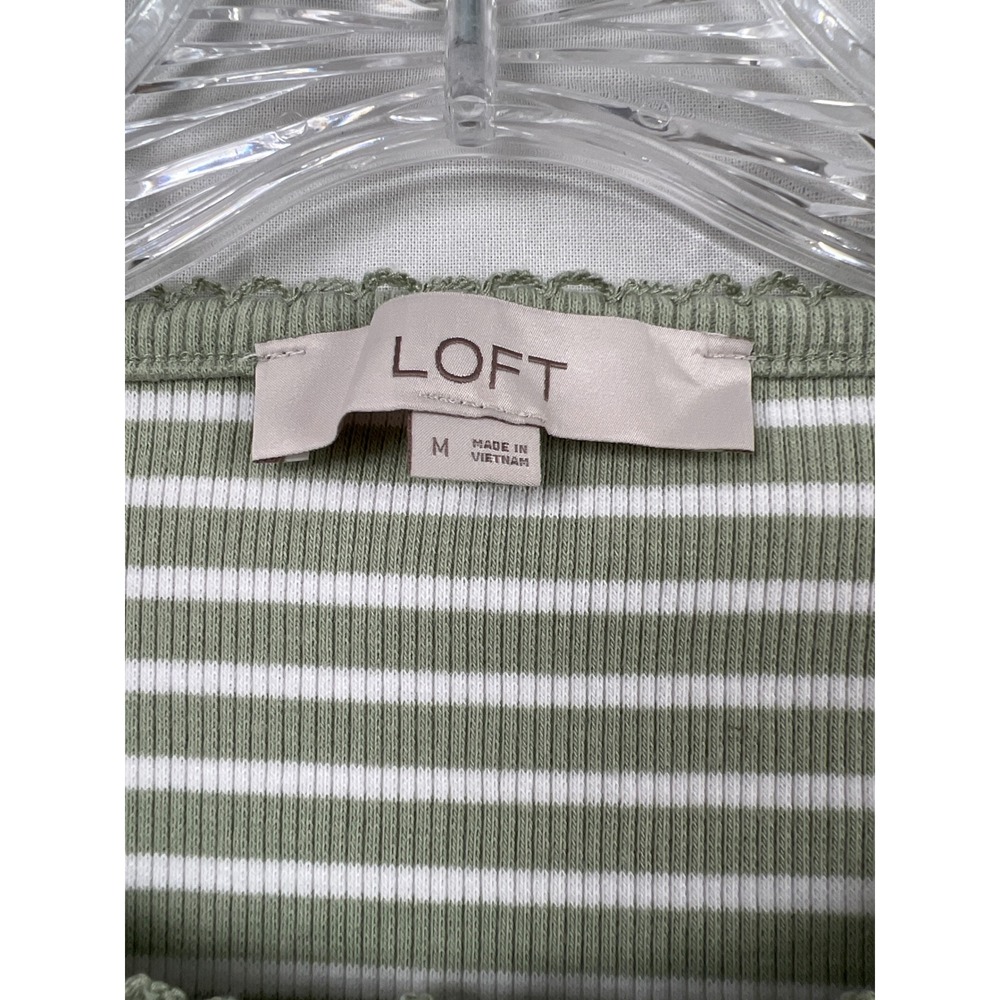 LOFT Cardigan Womens Medium Green White Striped Ribbed Knit Button Front Top - Picture 2 of 8